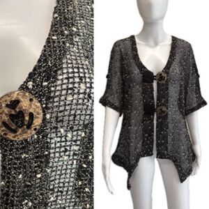 Katie Todd Open Crochet Knit Mesh Cardigan Womens Size M Speckle Sharkbite Hem